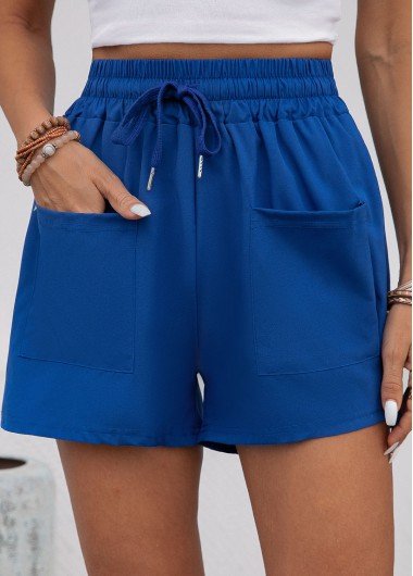 Pocket Dark Blue Drawastring High Waisted Shorts